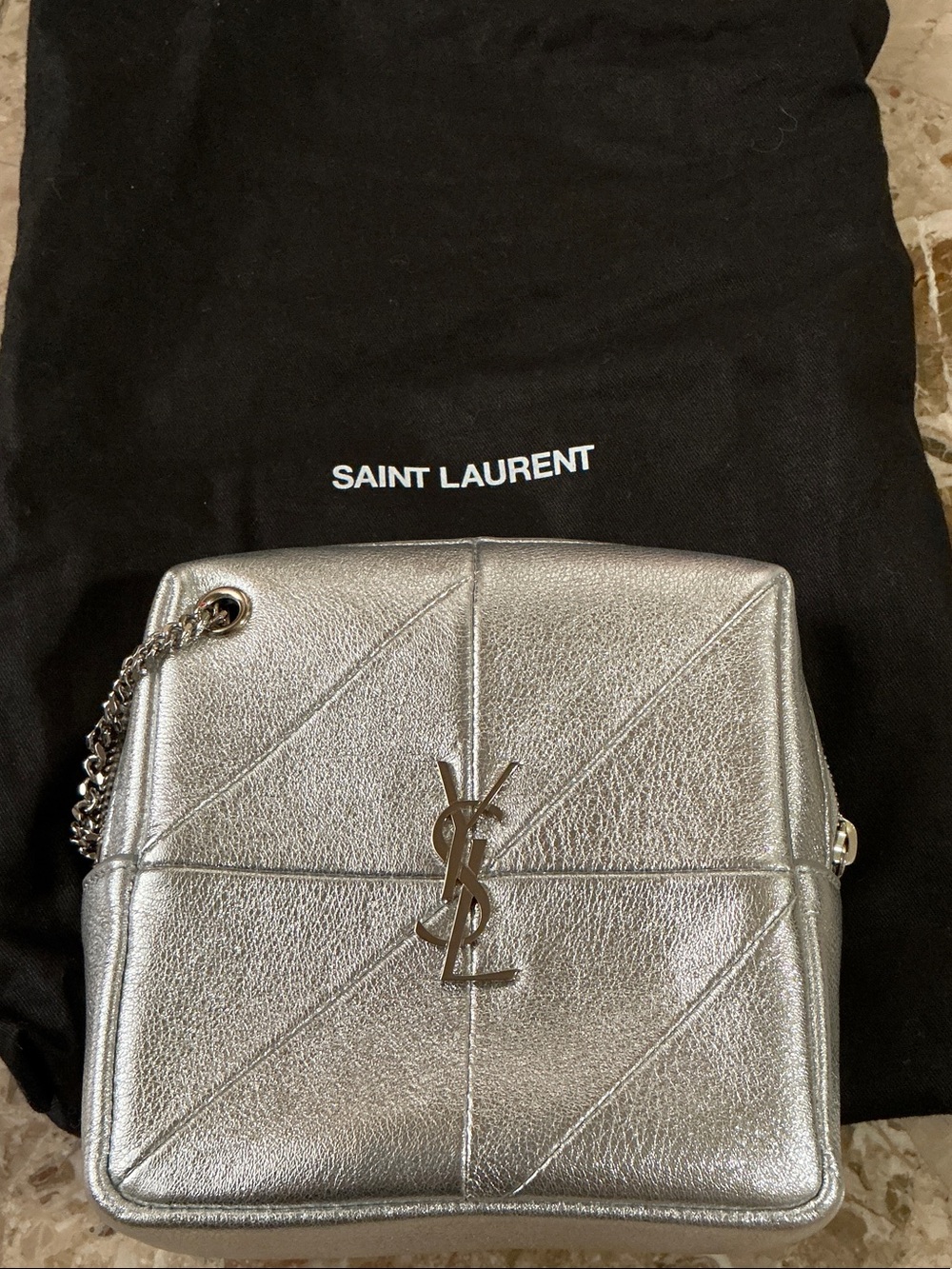 Saint Laurent Silver Metallic Leather Crossbody with YSL Monogram